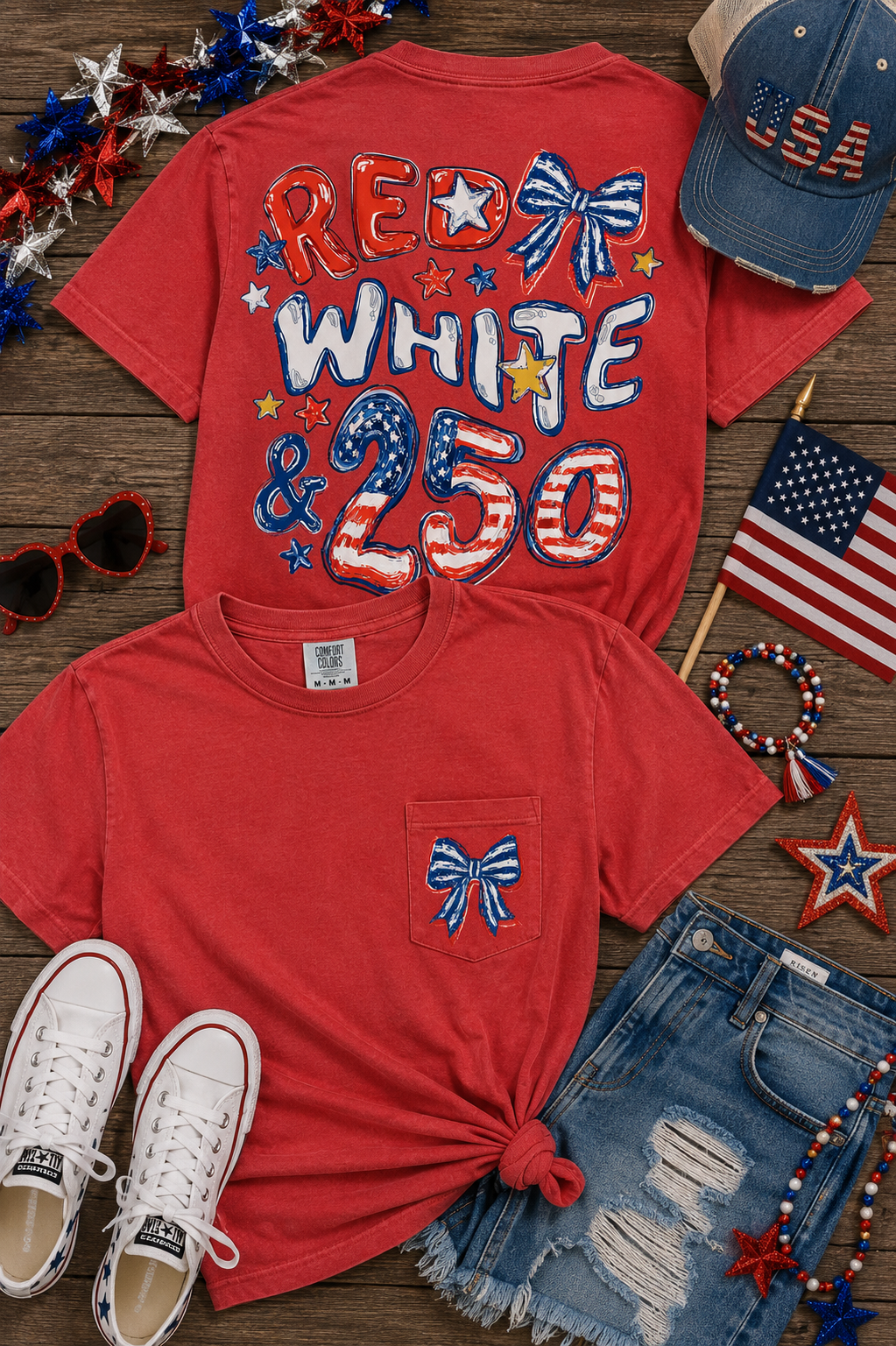 RED, WHITE & 250 TEE WITH POCKET