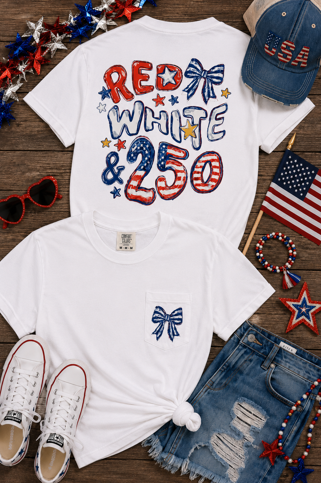 RED, WHITE & 250 TEE WITH POCKET